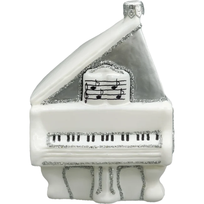 Szklana bombka choinkowa figurka Fortepian z nutami: biały