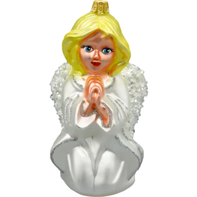 Szklana Bombka Choinkowa Figurka Aniołek w modlitwie: biały