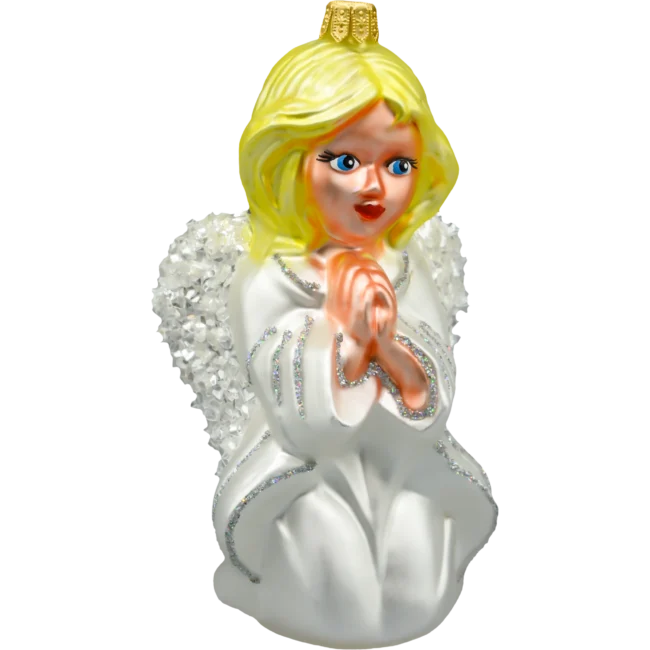 Szklana Bombka Choinkowa Figurka Aniołek w modlitwie; biały bok