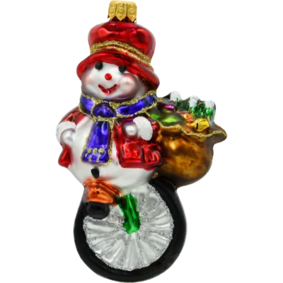 Szklana bombka choinkowa figurka Bałwan na monocyklu