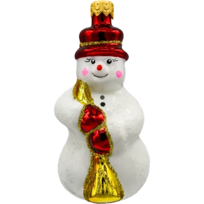 Szklana bombka choinkowa figurka Bałwan w kapeluszu: czerwony