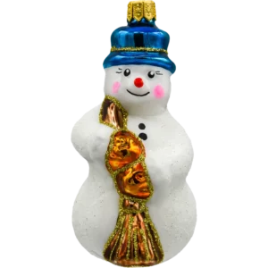 Szklana bombka choinkowa figurka Bałwan w kapeluszu: niebieski