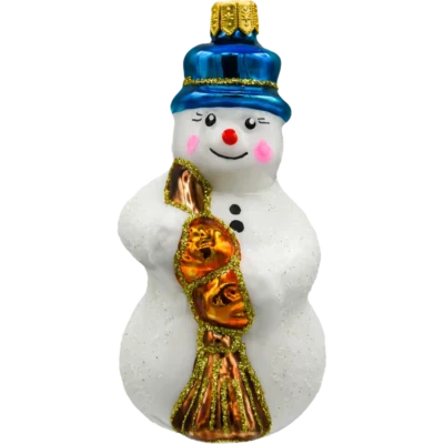 Szklana bombka choinkowa figurka Bałwan w kapeluszu: niebieski