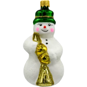 Szklana bombka choinkowa figurka Bałwan w kapeluszu: zielony