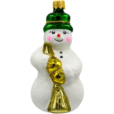 Szklana bombka choinkowa figurka Bałwan w kapeluszu: zielony