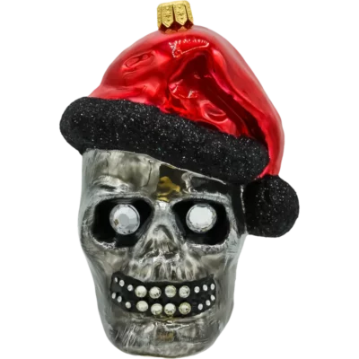 Szklana Bombka Choinkowa Figurka Czaszka Halloween w czapce Świętego Mikołaja: szara
