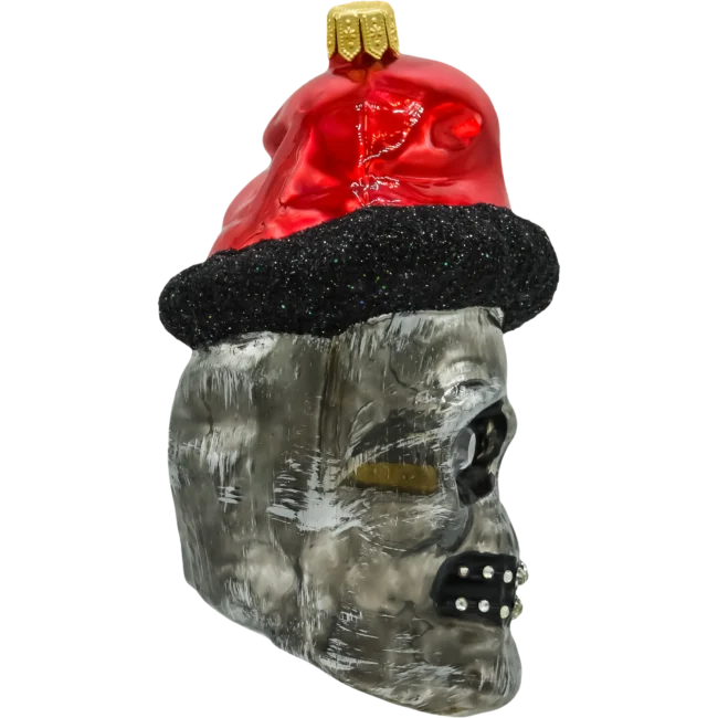 Szklana Bombka Choinkowa Figurka Czaszka Halloween w czapce Świętego Mikołaja: szara profil