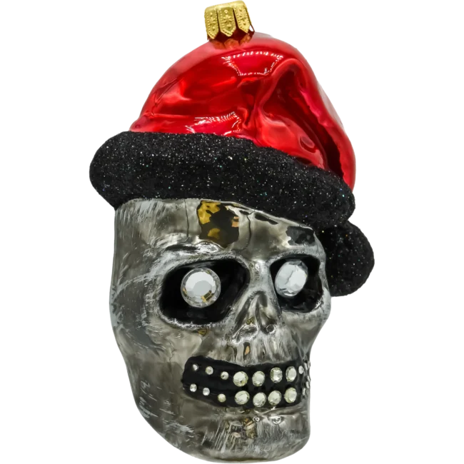 Szklana Bombka Choinkowa Figurka Czaszka Halloween w czapce Świętego Mikołaja: szara bok