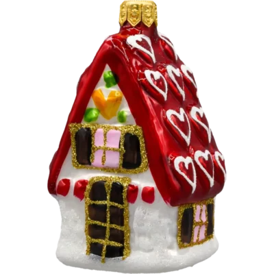 Szklana Bombka Choinkowa Figurka Domek z serduszkami czerwony