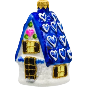 Szklana bombka choinkowa figurka Domek z serduszkami: niebieski bok