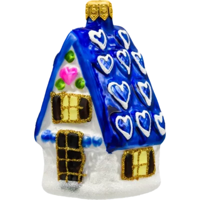 Szklana bombka choinkowa figurka Domek z serduszkami: niebieski bok