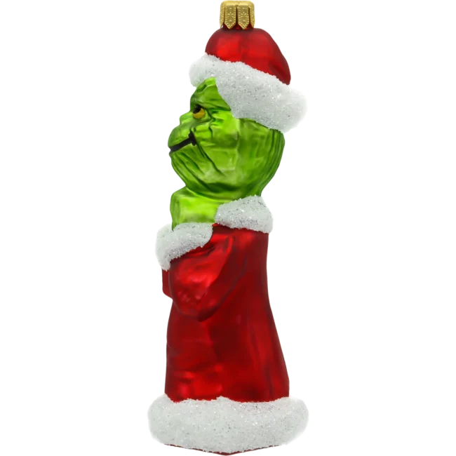 Szklana bombka choinkowa figurka Grinch w czerwonym płaszczu profil