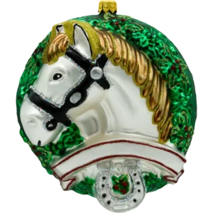 Szklana bombka choinkowa figurka Koń w wieńcu: biały