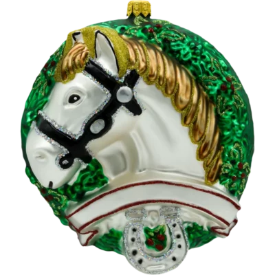 Szklana bombka choinkowa figurka Koń w wieńcu: biały