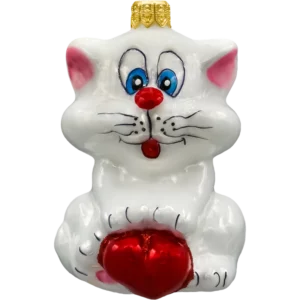 Szklana Bombka Choinkowa Figurka Kot z sercem: biały