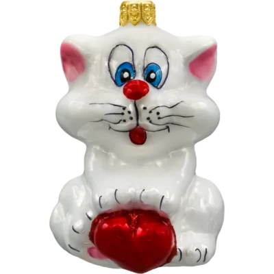 Szklana Bombka Choinkowa Figurka Kot z sercem: biały