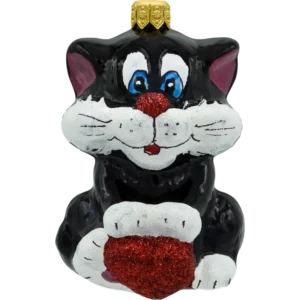 Szklana Bombka Choinkowa Figurka Kot z sercem: czarny
