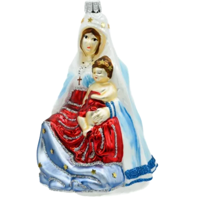 Szklana bombka choinkowa figurka Matka Boska z Dzieciątkiem: biała bok
