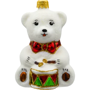 Szklana bombka choinkowa figurka Miś z bębnem: biały