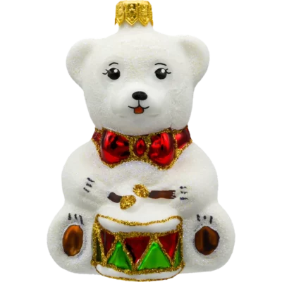 Szklana bombka choinkowa figurka Miś z bębnem: biały