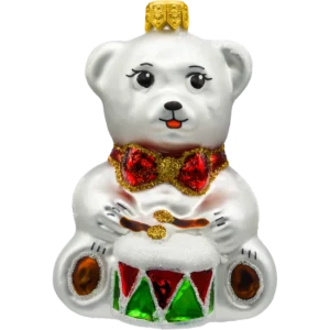 Szklana bombka choinkowa figurka Miś z bębnem: srebrny