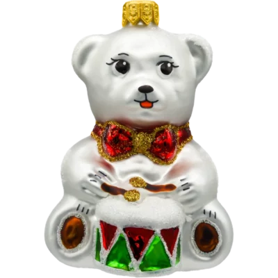 Szklana bombka choinkowa figurka Miś z bębnem: srebrny