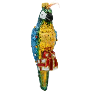 Szklana bombka choinkowa figurka Papuga ara z prezentem
