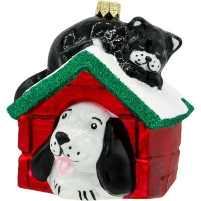 Szklana Bombka Choinkowa Figurka Pies i kot w budzie: czerwony