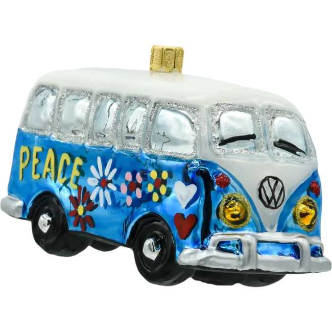 Szklana bombka choinkowa figurka Samochód van hippie: niebieski front