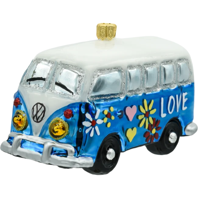 Szklana bombka choinkowa figurka Samochód van hippie: niebieski bok