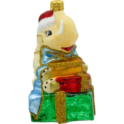 Szklana Bombka Choinkowa Figurka Słoń z prezentami kremowy