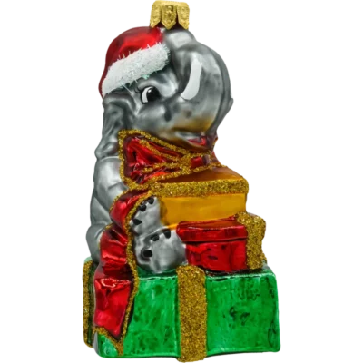 Szklana Bombka Choinkowa Figurka Słoń z prezentami