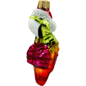 Szklana Bombka Choinkowa Figurka Świąteczna Papuga z prezentem bok