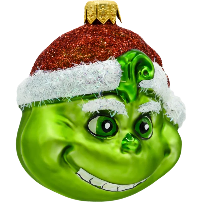 Szklana Bombka Choinkowa Figurka Uroczy grinch w czapce mikołaja bok