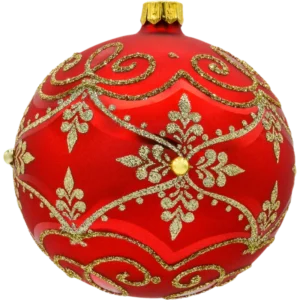 Szklana Bombka Choinkowa Okrągłą czerwona ze złotym ornamentem