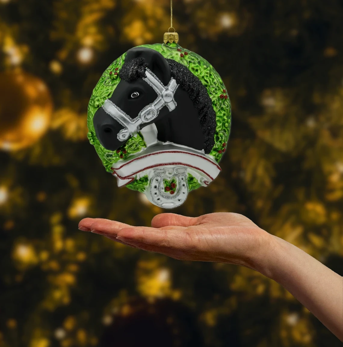 Bombka szklana figurka Koń fryzyjski w wieńcu realne zdjęcie