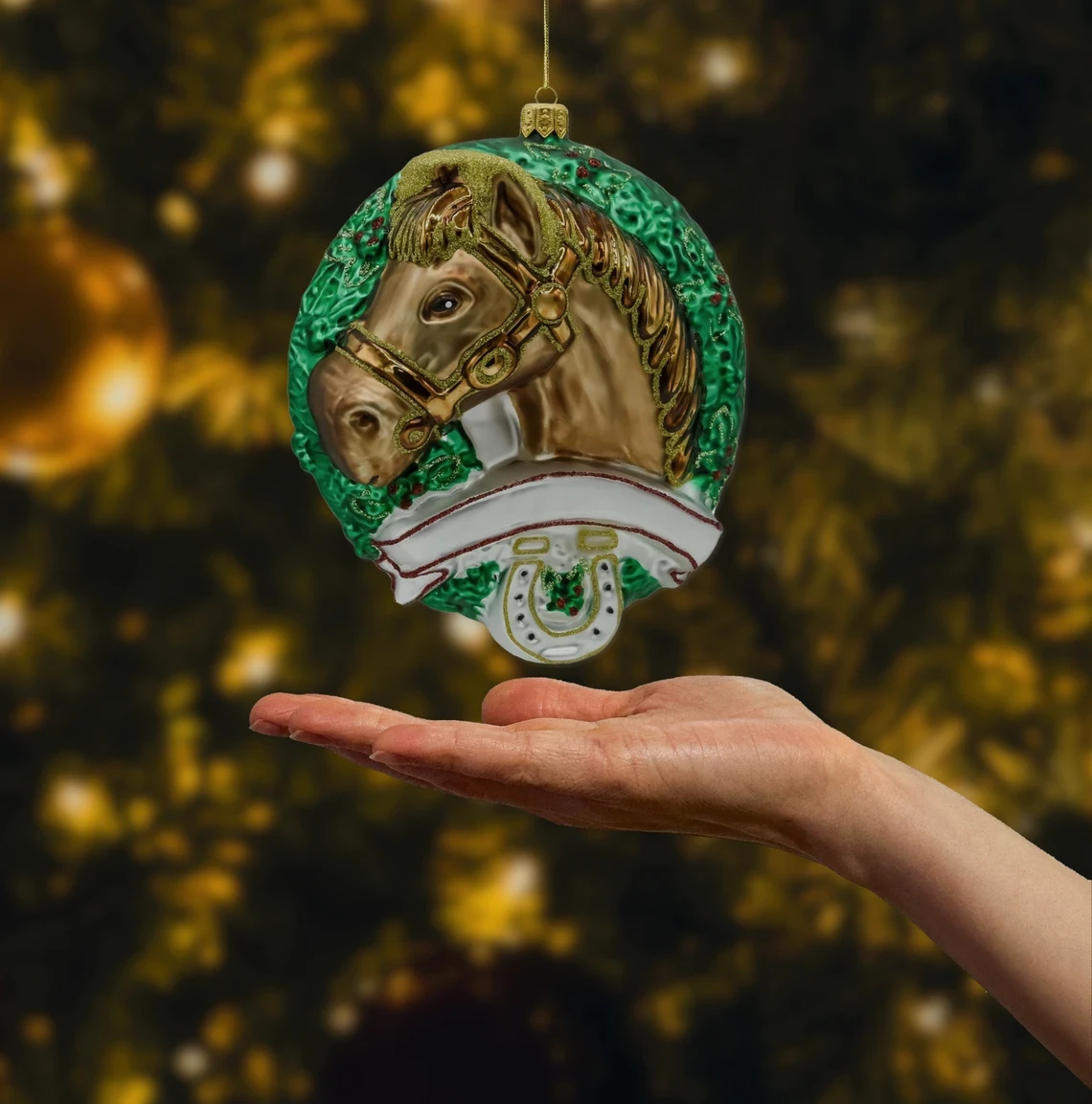 Bombka szklana figurka Koń w świątecznym wieńcu realne zdjęcie