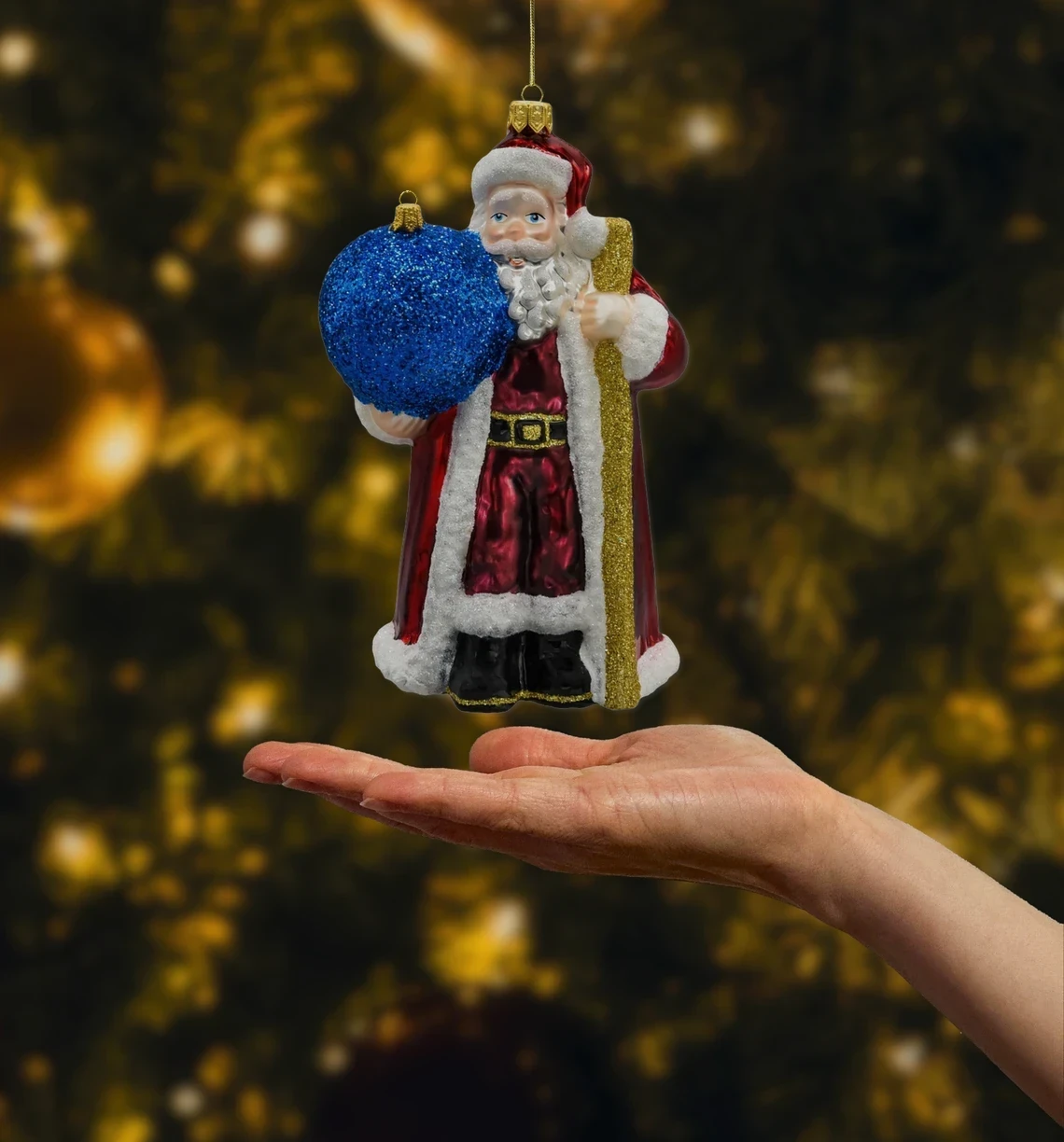 Bombka szklana Święty Mikołaj z niebieską bombką realne zdjęcie