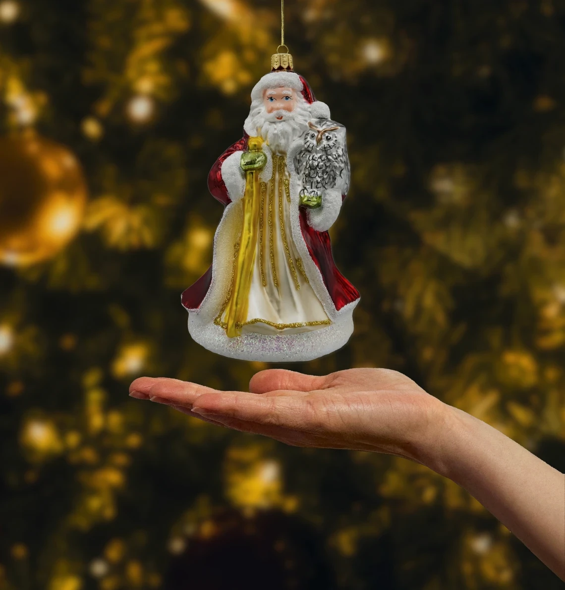 Bombka szklana Święty Mikołaj z sową realne zdjęcie