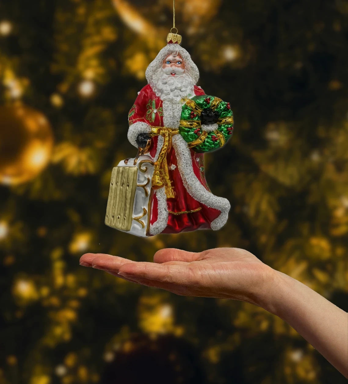 Bombka szklana Święty Mikołaj z Wieńcem Bożonarodzeniowym realne zdjęcie