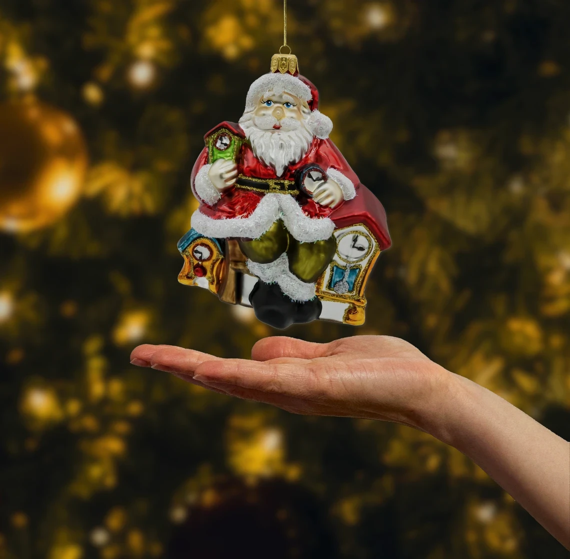 Bombka szklana figurka Święty Mikołaj z zegarami realne zdjęcie