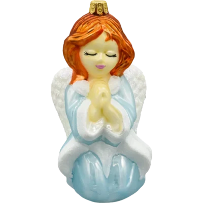 Szklana Bombka Choinkowa Figurka Forma ze szkła Anioł w modlitwie niebieski przód