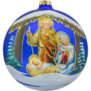 Szklana Bombka Okrągła Choinkowa Figurka Forma ze szkła Święta Rodzina w stajence decoupage niebieska