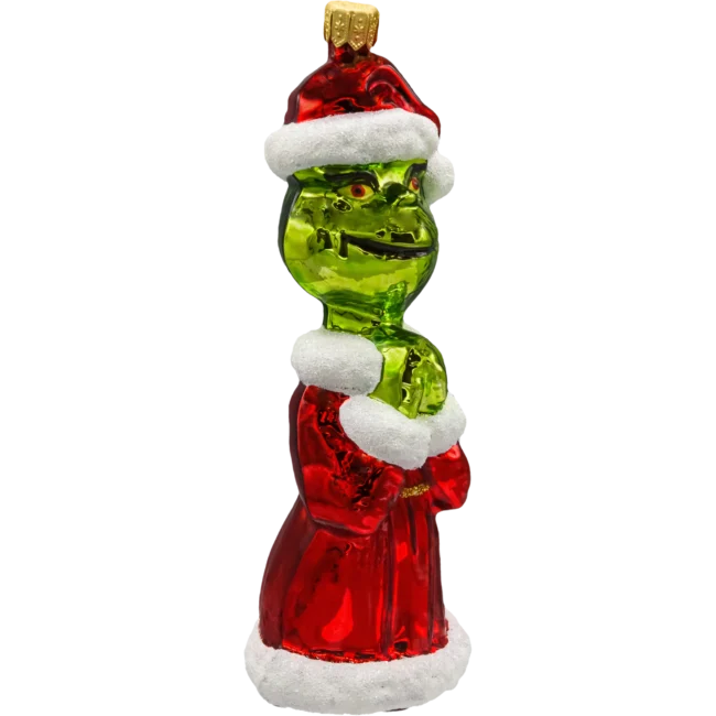Szklana Bombka Choinkowa Figurka Forma ze szkła Grinch w płaszczu Mikołaja błyszczący bok