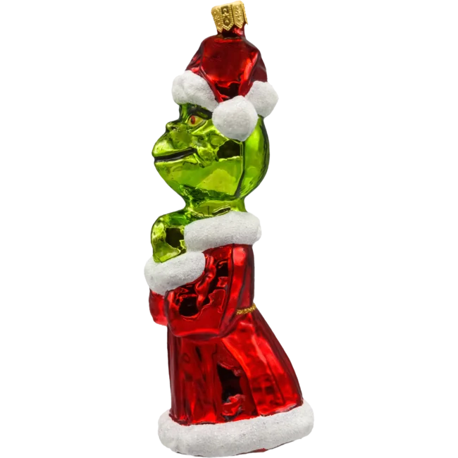 Szklana Bombka Choinkowa Figurka Forma ze szkła grinch w płaszczu mikołaja błyszczący profil
