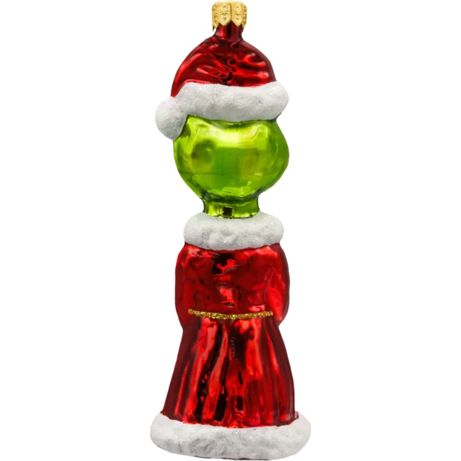 Szklana Bombka Choinkowa Figurka Forma ze szkła grinch w płaszczu mikołaja błyszczący tył