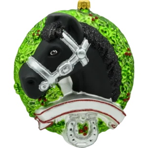 Szklana Bombka Choinkowa Figurka Forma ze szkła Koń fryzyjski w wieńcu