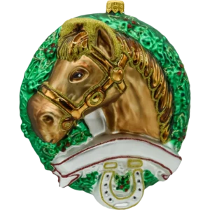 Szklana Bombka Choinkowa Figurka Forma ze szkła Koń w świątecznym wieńcu bok