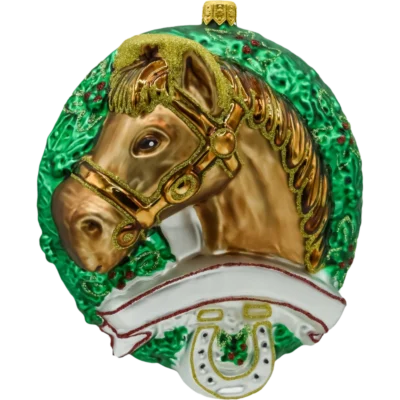 Szklana Bombka Choinkowa Figurka Forma ze szkła Koń w świątecznym wieńcu bok