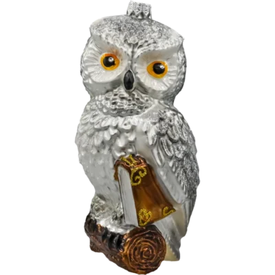 Szklana Bombka Choinkowa Figurka Forma ze szkła Sowa z księgą: srebrna